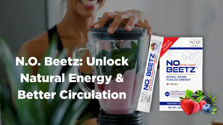 Woman blending a berry smoothie while N.O. Beetz nitric oxide supplement stick pack and box are displayed in the foreground with the headline “N.O. Beetz: Unlock Natural Energy & Better Circulation.”