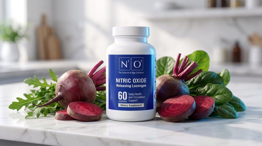 N1O1 Nitric Oxide Lozenges bottle surrounded by fresh beets and leafy greens, the best nitric oxide supplements
