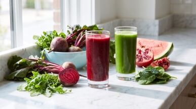 Beet juice and green juice with beets, greens, pomegranate and watermelon, the best nitric oxide drinks